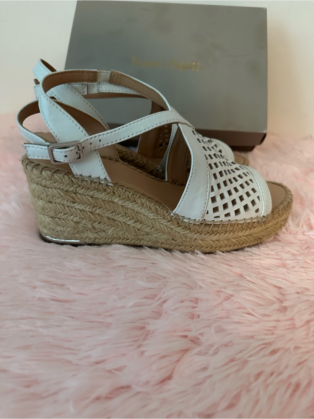 Franco Sarto White Perforated Espadrille Wedge Sandals with Ankle Strap - Picture 2 of 9